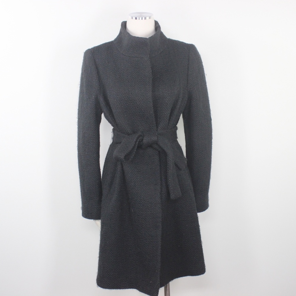 Fleurette Coat Black Boucle Tweed Belted Mid Sz 14 - Picture 1 of 8